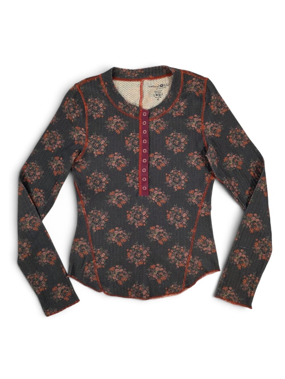 Natural Life Reagan Thermal Henley Top M Floral Waffle Knit Boho Cottagecore
